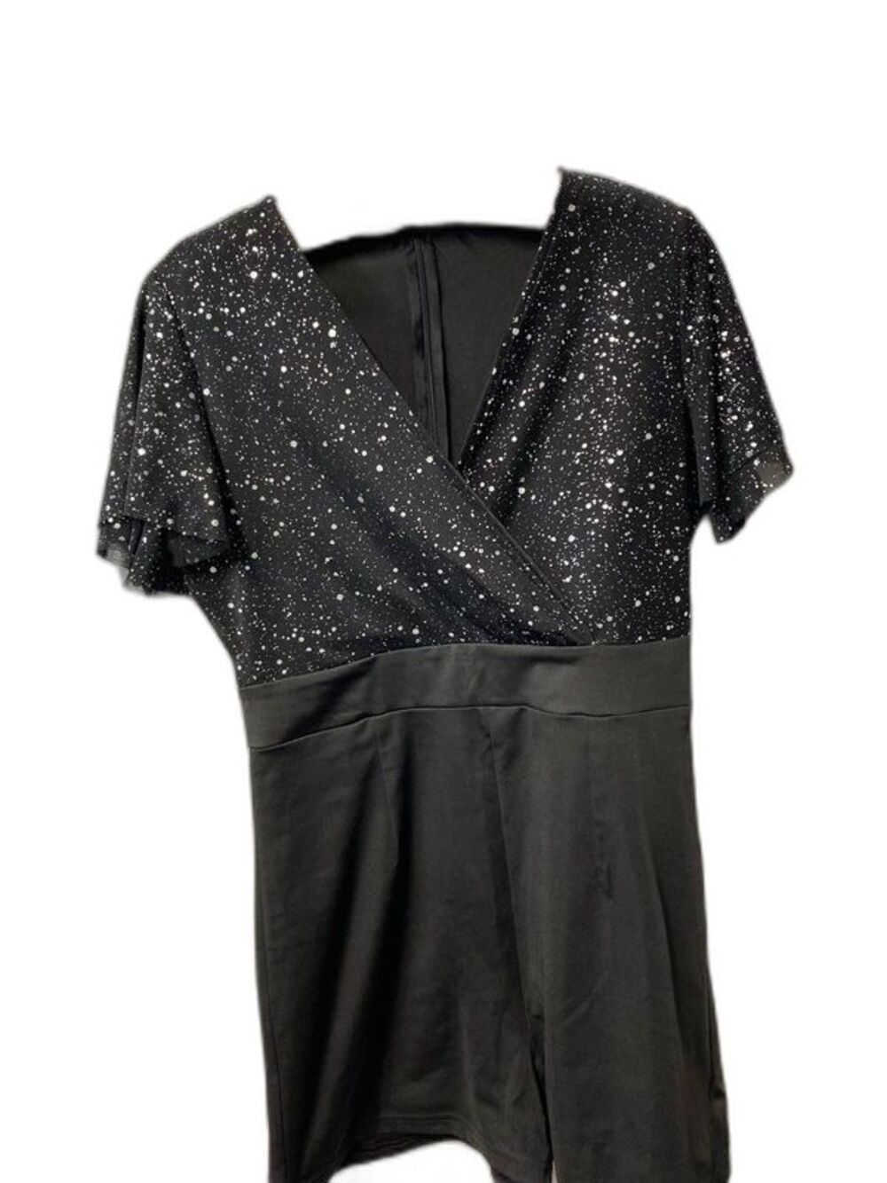 SHEIN Prive' Color-Block-Vneck Mesh Sleeve Romper Large